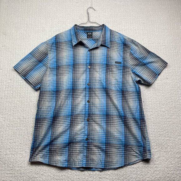 Y2K Oakley Blue Plaid Short Sleeve Button Down Shirt Mens 2XL Regular Fit - Picture 1 of 15